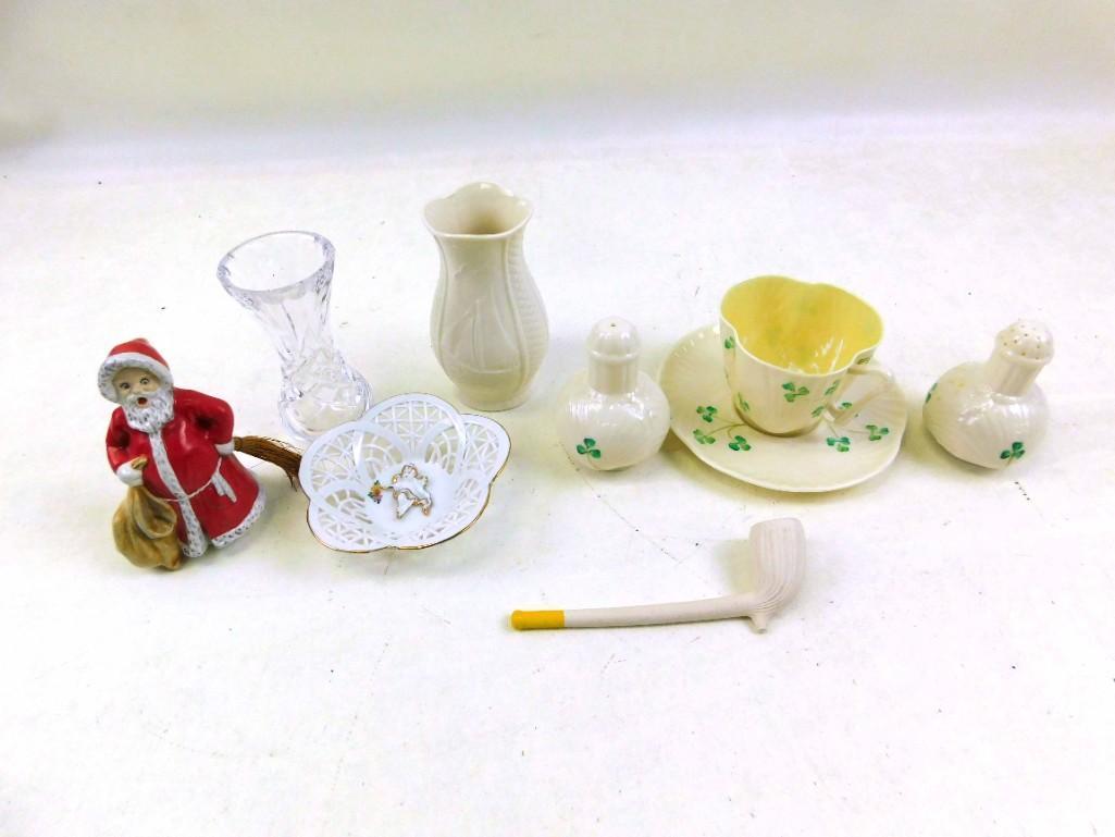 Misc. Lot including Belleek, Goebel, Sumi, Waterford,: Misc. Lot including Belleek Teacup / Saucer, Salt and Pepper, Goebel Santa, Sumi Plate, Waterford Crystal, etc.