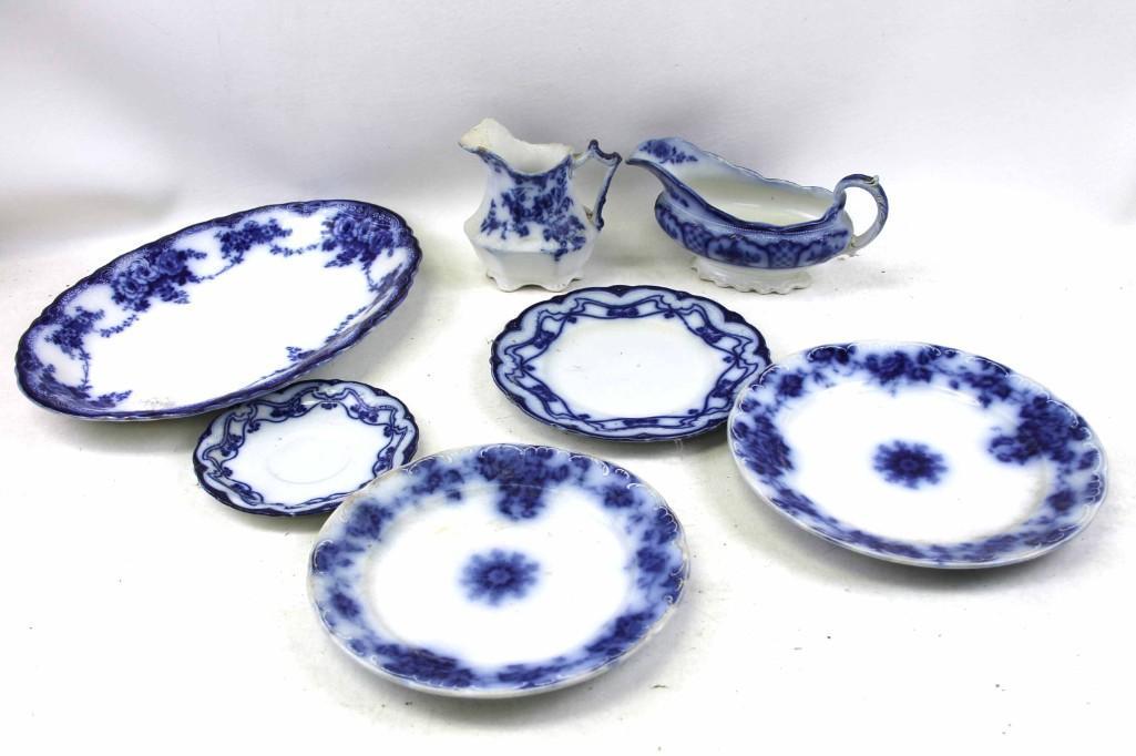 Antique Flow Blue Dishes incl Plates, Gravy Boat , (1 of 17)