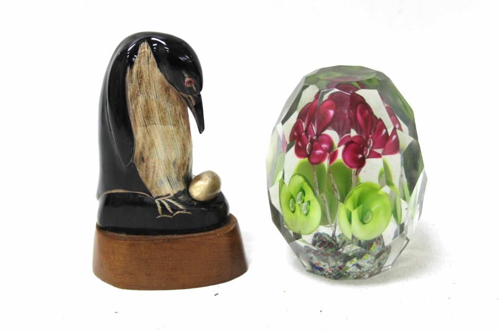 Penguin Figure and a Glass Paperweight: Penguin Figure and a Glass Paperweight Condition: Glass Paperweight has a chip