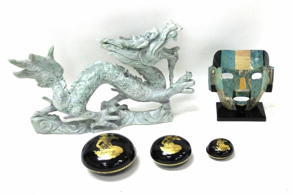 Asian Style Stone Dragon, Art Mask, Nesting Containers: Asian Style Stone Dragon, Art Mask, Nesting Containers Made in Thailand