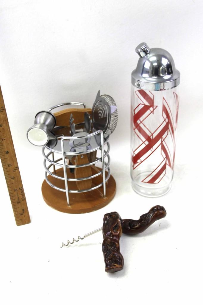 Bar Set - Glass Drink Shaker, Burl Wood Corkscrew, (1 of 5)