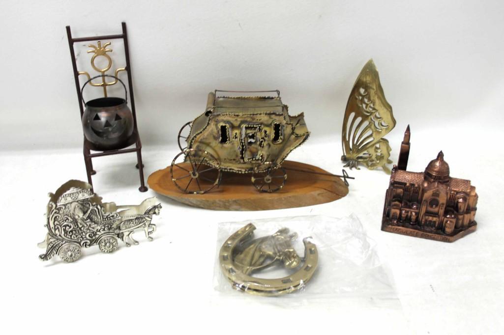 Lot of Metal Decor incl Stagecoach , Butterfly , Lucky: Lot of Metal Decor incl Stagecoach , Butterfly , Lucky Horseshoe Wall Hanging , Jack o Lantern or Pumpkin decoration , Carriage figure , Immaculate Conception Church miniature repllica