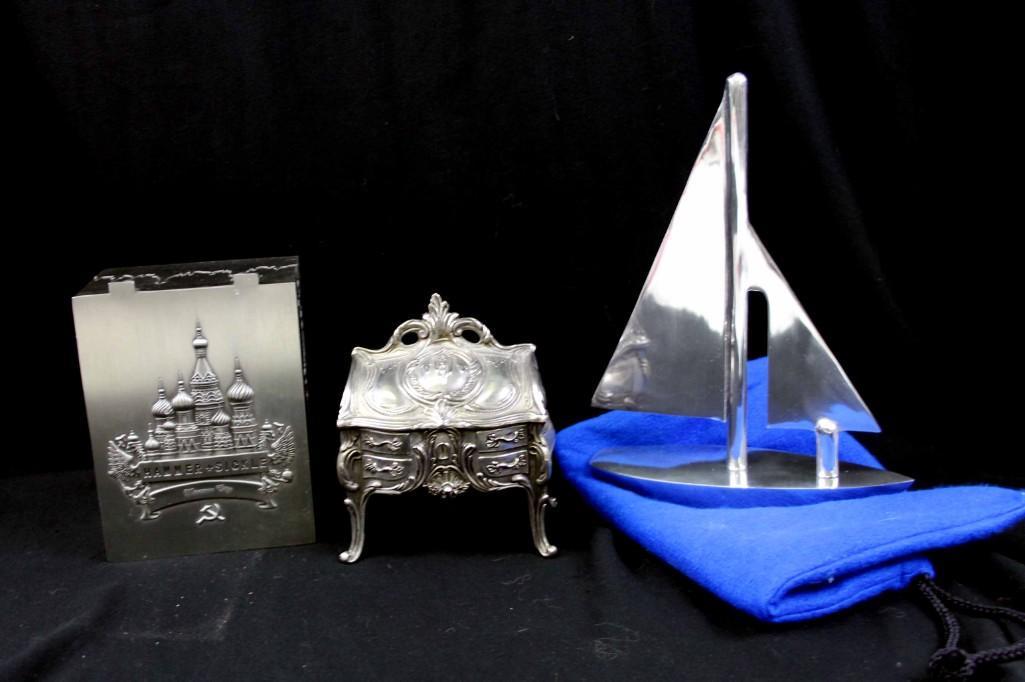 Cast Metal Sailboat and 2 Metal Trinket Boxes (1 of 5)