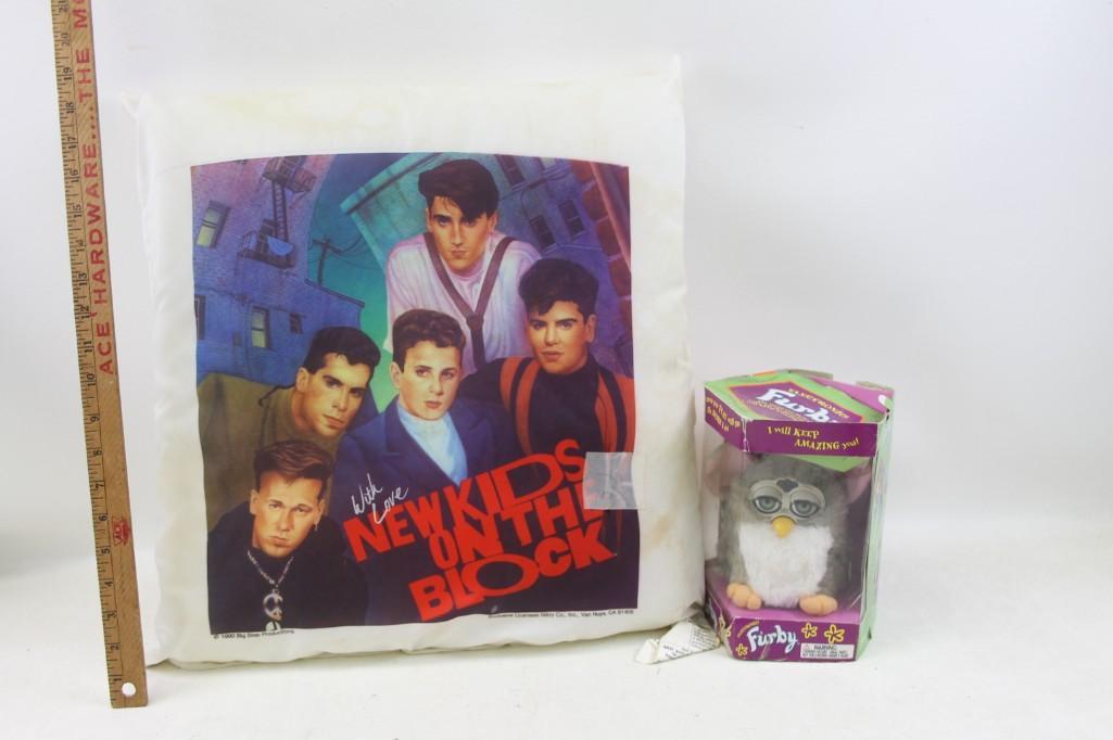 New Kids on the Block Pillow and a Furby: New Kids on the Block Pillow and a Furby NKOTB are like American version of BTS Jonathan Jordan Joey Donny and Danny Pillow has some stains and the Furby has been used.