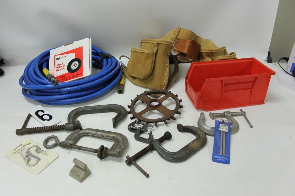 Tool Lot including C Clamps, Air Hose, tool belt, etc. (1 of 5)