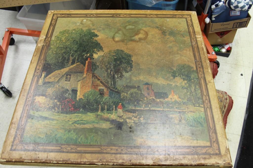 Vintage Art Piece for hanging that doubles as a table: Vintage Art Piece for hanging that doubles as a table This looks very old, Appears to have some condition issues see all pictures. Roughly 26" x 26" 