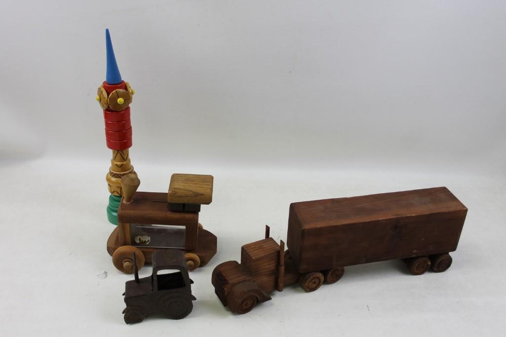 Toy Lot including Wooden Train and other toys, Tin: Toy Lot including Wooden Train and other toys, Tin Tractor, etc.