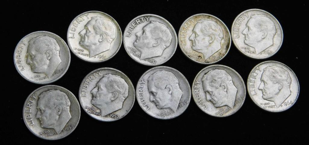 10 Roosevelt Dimes 90% Silver 1964 or Before (1 of 2)