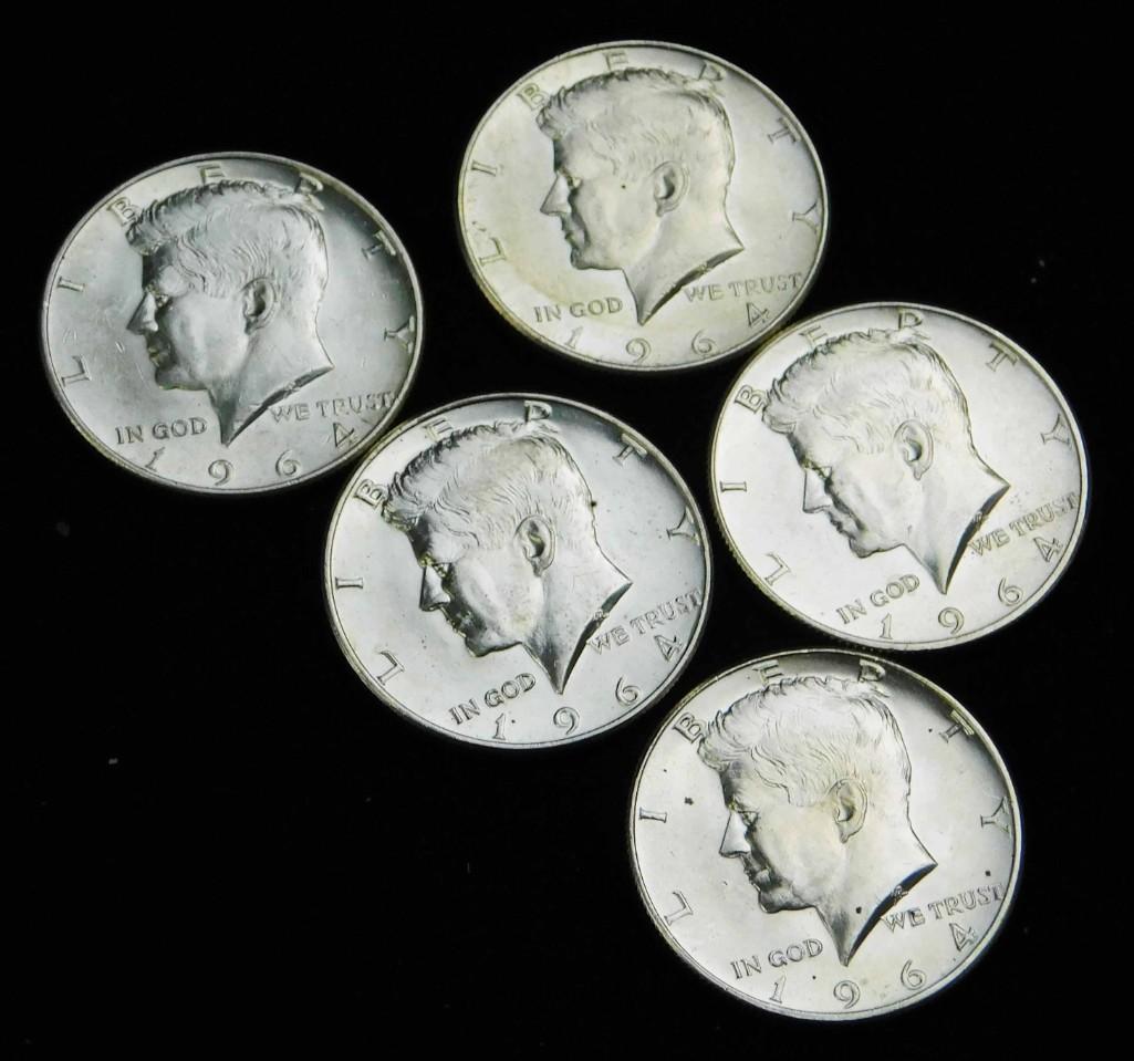 5 AU 1964 Kennedy Half Dollars 90% Silver (1 of 2)