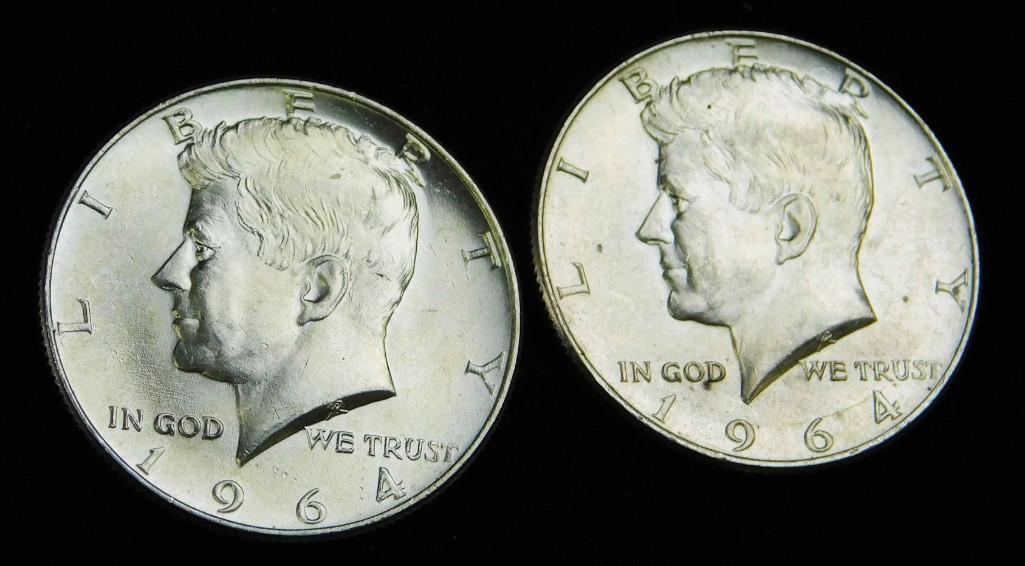 2 AU 1964 Kennedy Half Dollars 90% Silver (1 of 2)