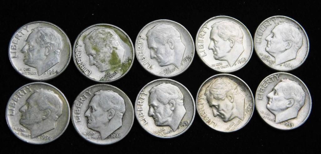10 Roosevelt Dimes 90% Silver 1964 or Before (1 of 2)