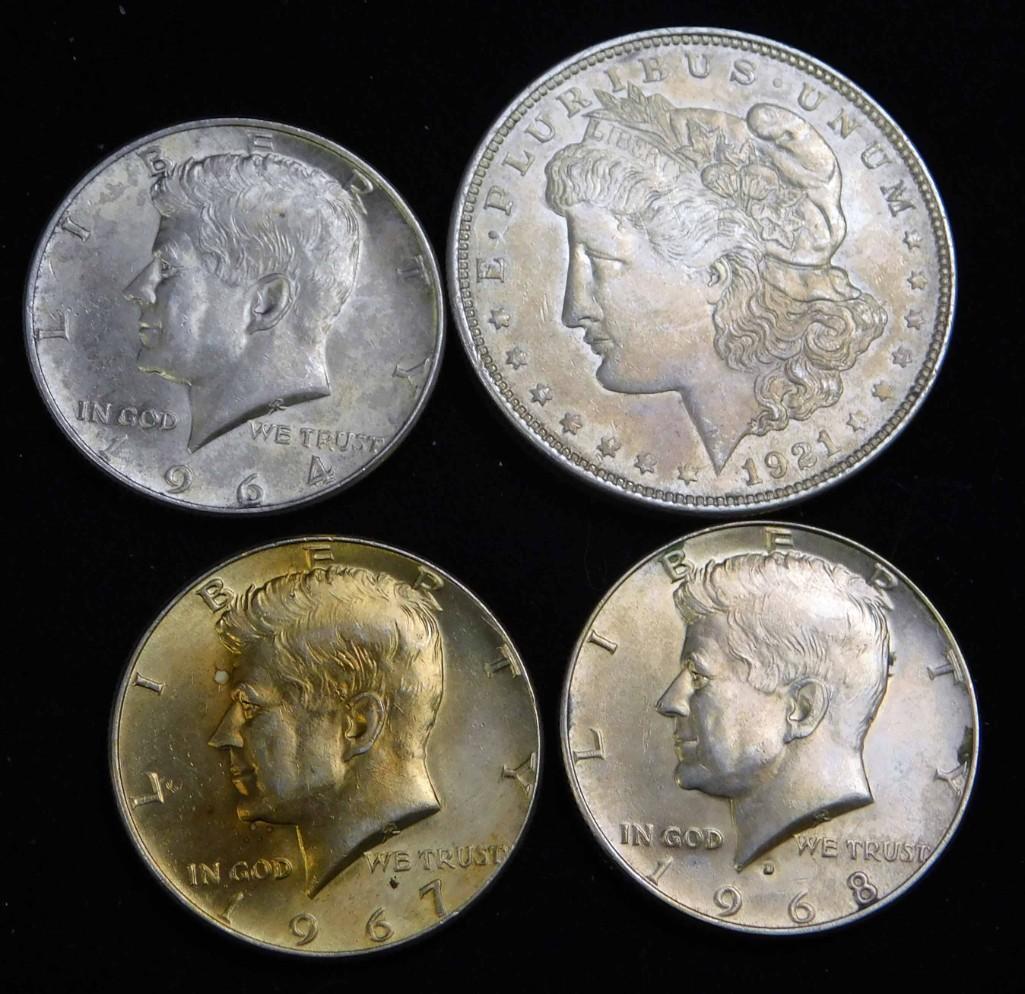 1921-P Morgan Dollar , 3 Kennedy Halves incl 1964, 1967 (1 of 2)