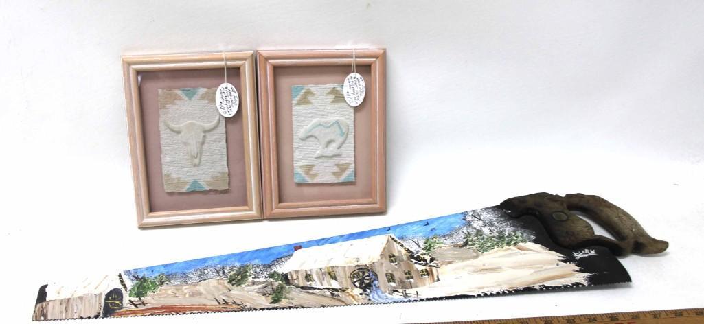 Art Lot incl Hand Painted Saw and Framed Cast Paper (1 of 10)