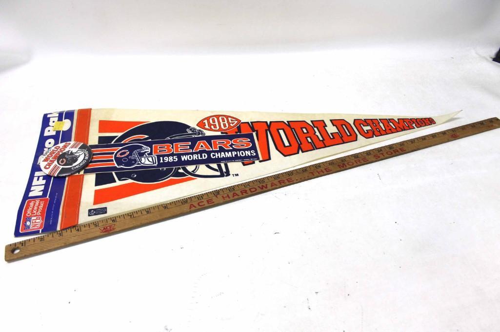 1985 Chicago Bears World Champions Pennant , Button ,: 1985 Chicago Bears World Champions Pennant , Button , Bumper Sticker