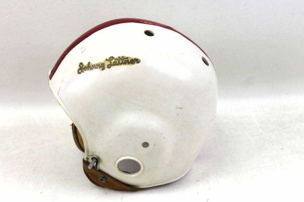 Vintage Johnny Lattner Endorsed JC Higgins Football: Vintage Johnny Lattner Endorsed JC Higgins Football Helmet , small size, cracked in the back Condition: cracked in the back. Please see all pictures