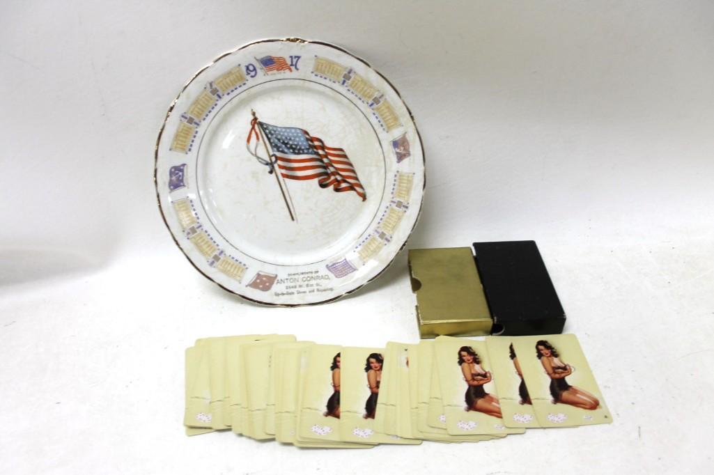 Vintage Pin Up Girl Playing Cards and a 1917: Vintage Pin Up Girl Playing Cards and a 1917 Advertising Plate with advertising for Anton Conrad Up-to-Date Shoes and Repairing Condition: cards are unchecked for completeness and plate has exte