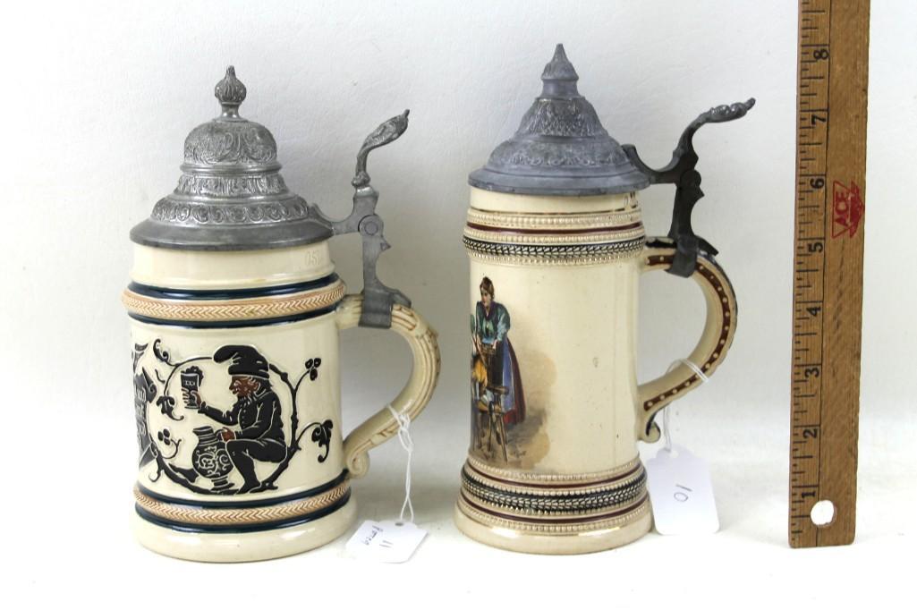 2 Antique Pottery Beer Steins 1 with Gnomes and 1 with (1 of 7)