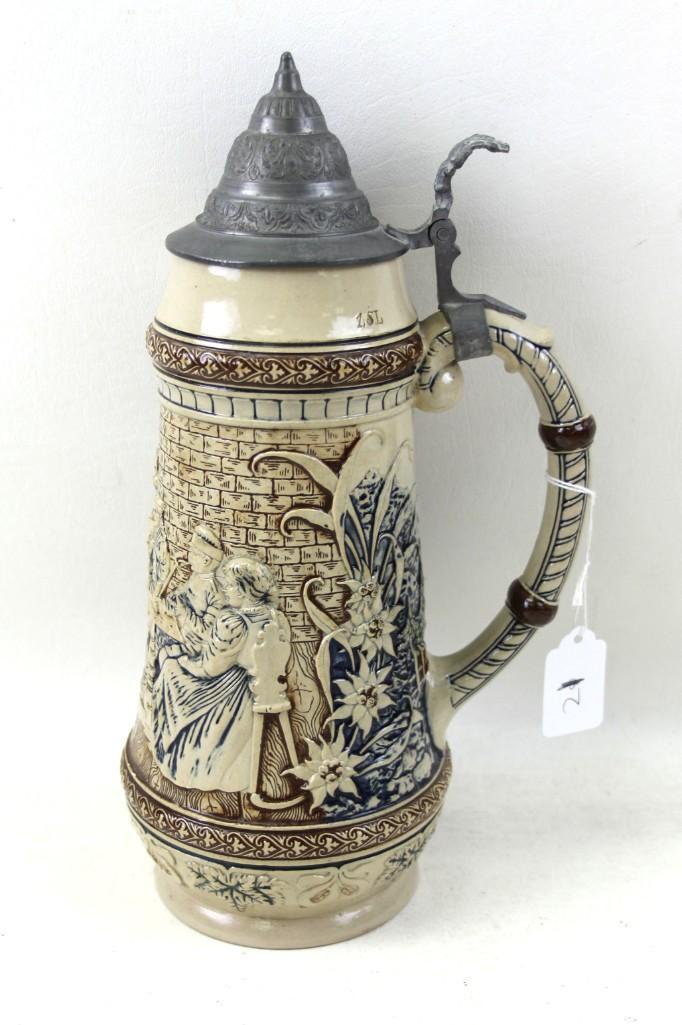 1.5 Liter Vintage Pottery Beer Stein w Men Drinking and (1 of 9)