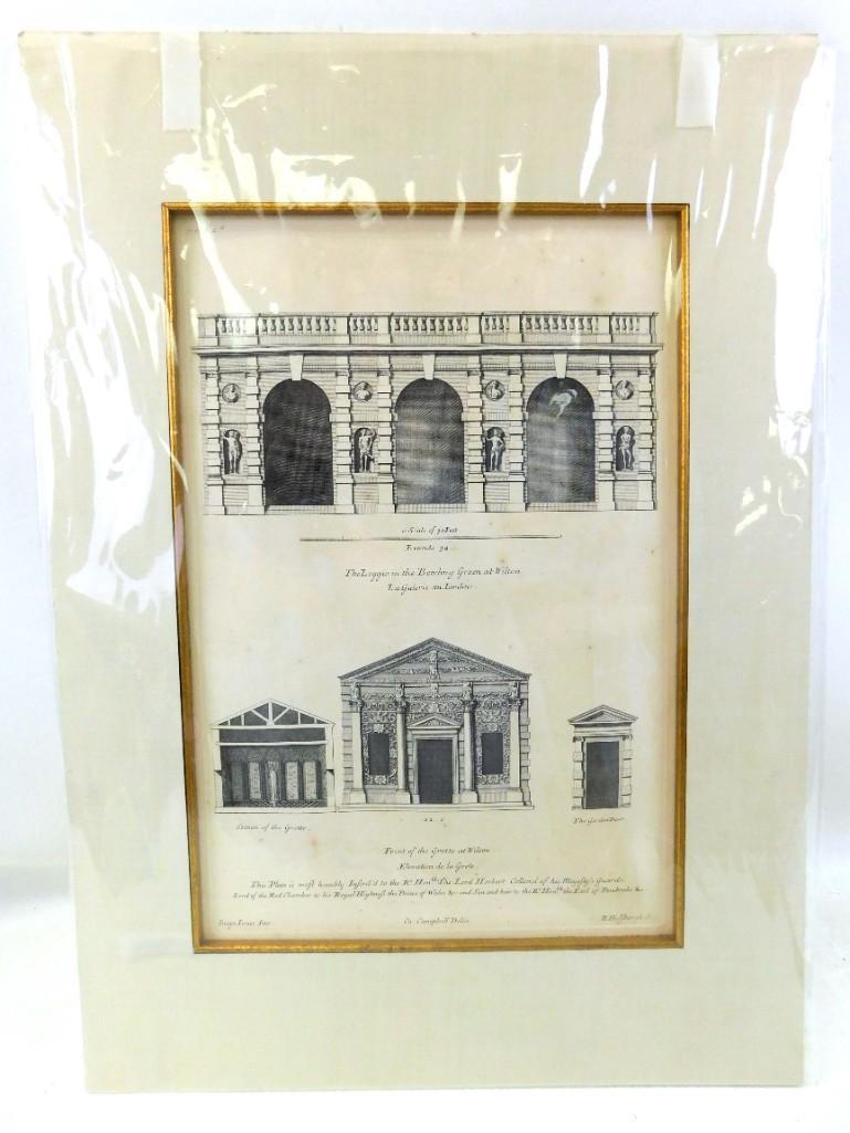 Antique English Architectural Engraving by Inigo Jones: Antique English Architectural Engraving by Inigo Jones . Elevation #1 "Loggio Bowling Green at Wilton" Elevation #2 "Front of Grotto at Wilton " Measures about 15.5" x 22"
