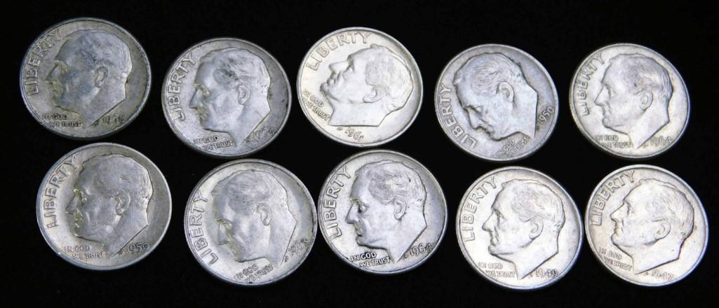 10 Roosevelt Dimes 90% Silver 1964 or Before (1 of 2)