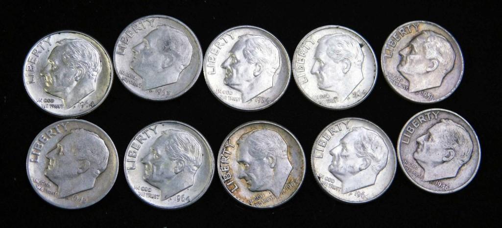 10 Roosevelt Dimes 90% Silver 1964 or Before (1 of 2)