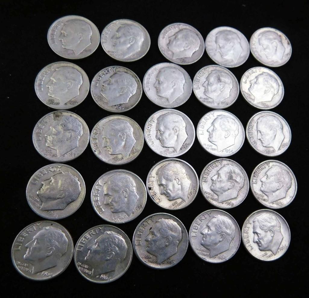 25 Roosevelt Dimes 90% Silver 1964 or Before: 25 Roosevelt Dimes 90% Silver 1964 or Before