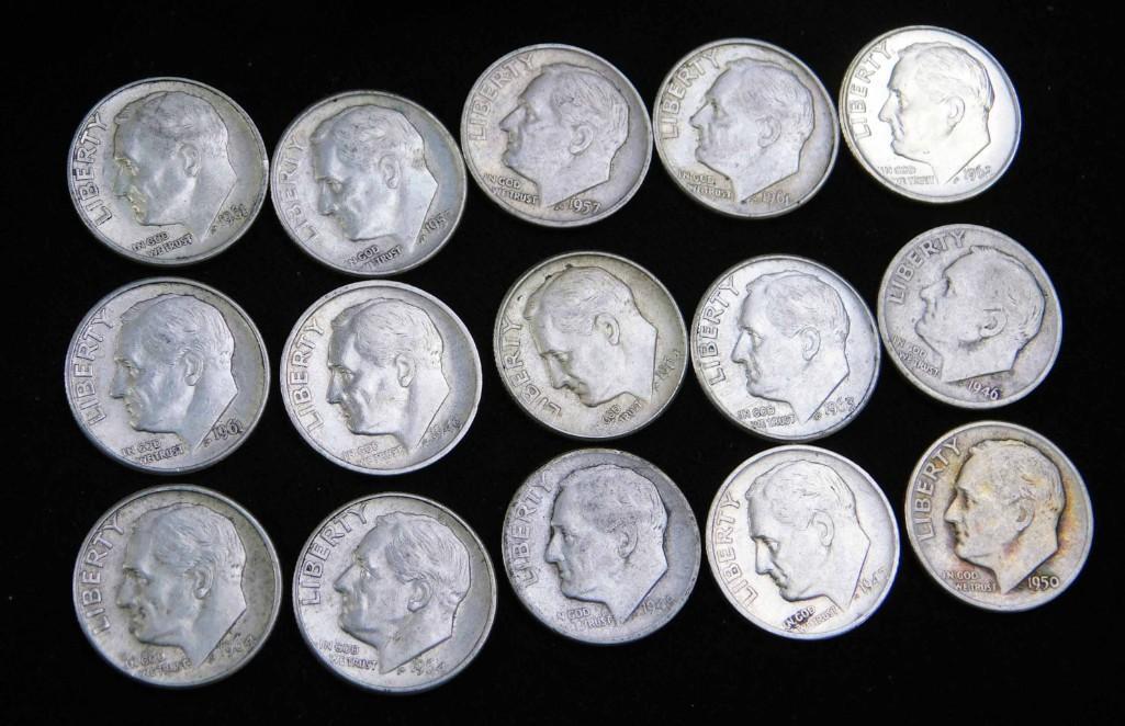 15 Roosevelt Dimes 90% Silver 1964 or Before: 15 Roosevelt Dimes 90% Silver 1964 or Before