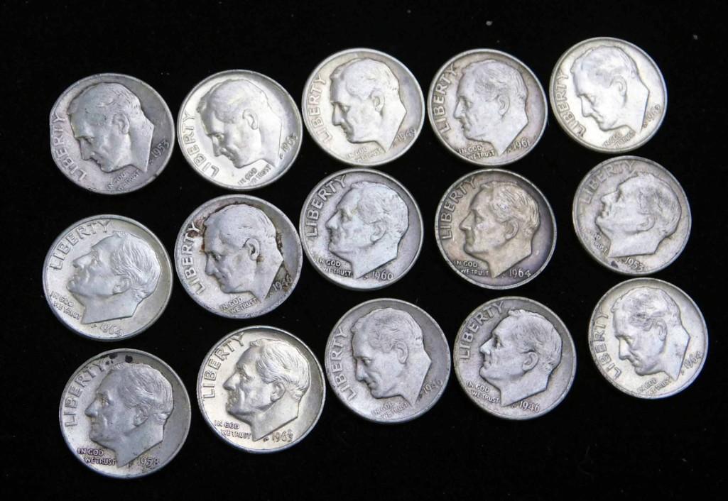 15 Roosevelt Dimes 90% Silver 1964 or Before: 15 Roosevelt Dimes 90% Silver 1964 or Before
