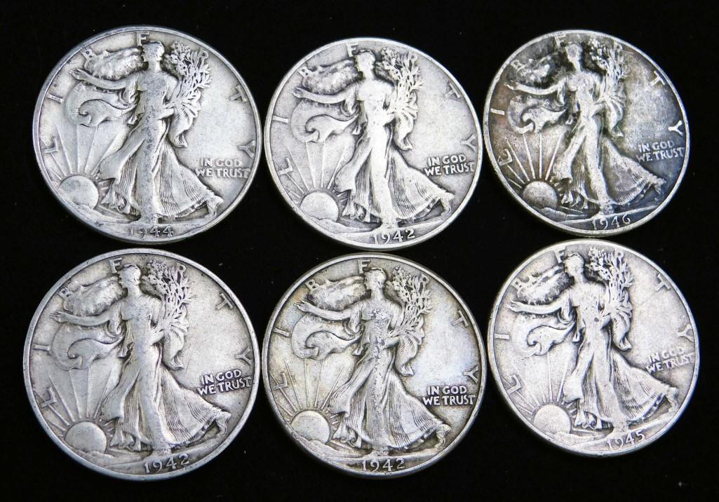 6 Walking Liberty Half Dollars 90% Silver (1 of 2)