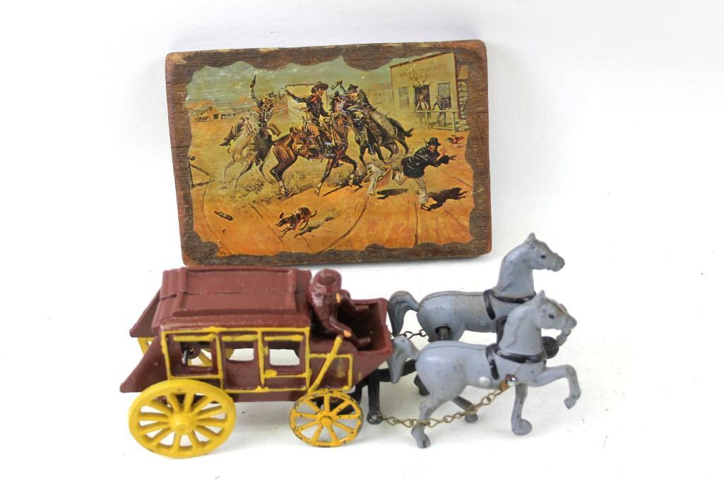Cast Iron Toy Stagecoach with Horses and a Cowboy: Cast Iron Toy Stagecoach with Horses and a Cowboy Western Scene Picture Mounted on Wood