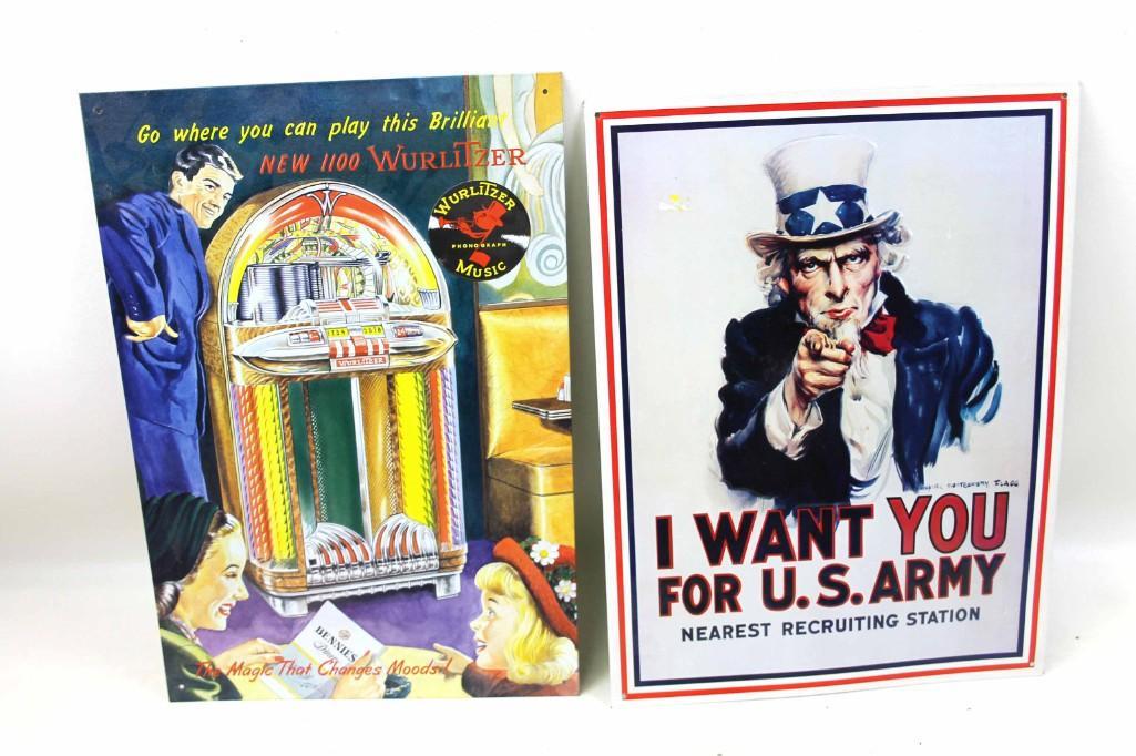 Lot of 2 Metal Signs incl Wurlitzer and US Army: Lot of 2 Modern Metal Signs incl Wurlitzer and US Army