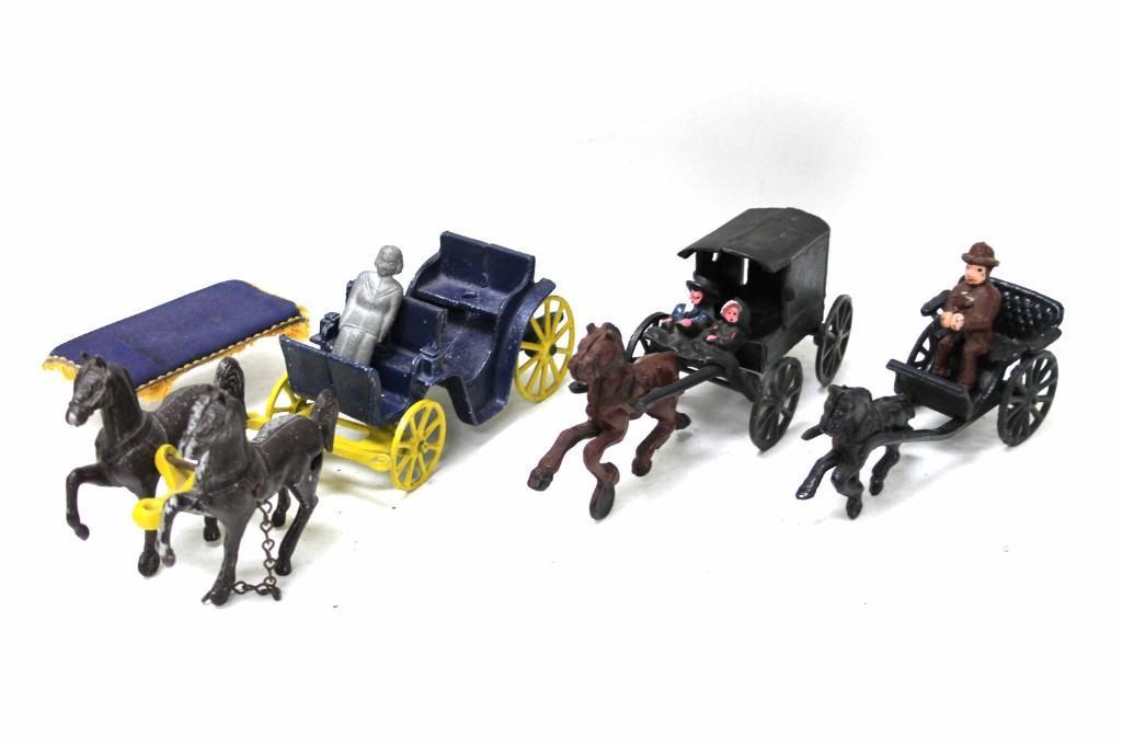 3 Cast Iron Toy Buggies with Horses incl a Surrey with: 3 Cast Iron Toy Buggies with Horses incl a Surrey with a Fringe on Top