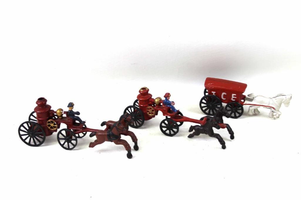 3 Cast Iron Toys incl Ice Wagon w Horse and 2 Fire (1 of 6)