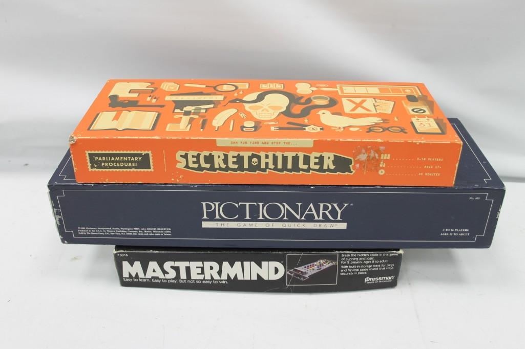 Lot of 3 board games including Secret Hitler,: Lot of 3 board games including Secret Hitler, Pictionary and Michele's Favorite - Mastermind