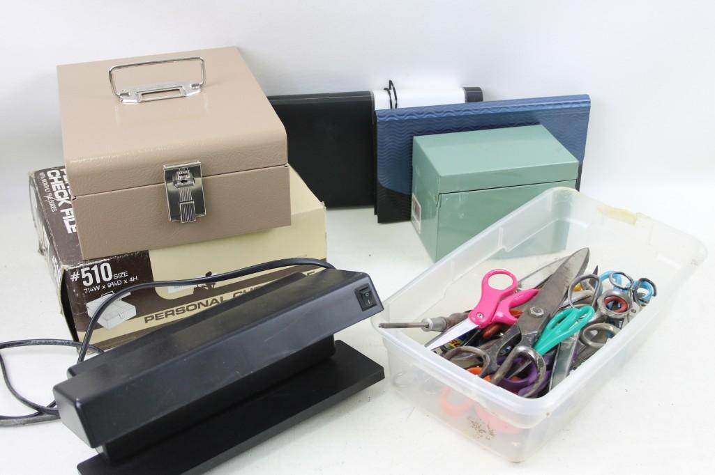 Office Supply Lot - Lots of Scissors, File Cases,: Office Supply Lot - Lots of Scissors, File Cases, Black Light, etc.