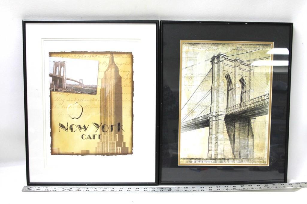 Lot of 2 Framed Prints - New York CafÃ© and a Bridge (1 of 5)