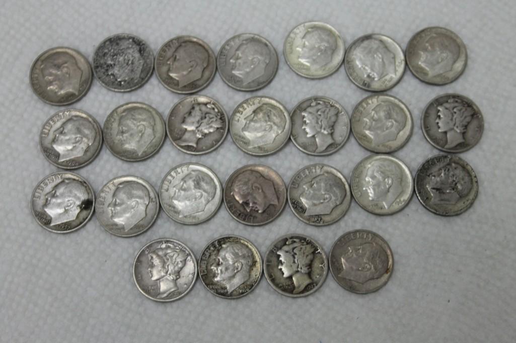 Lot of 25 Roosevelt and Mercury 90% Silver Dimes (1 of 2)