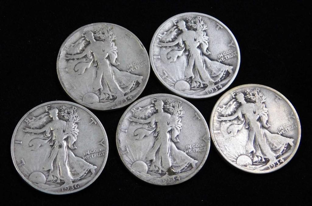 5 Walking Liberty Half Dollars 90% Silver (1 of 2)