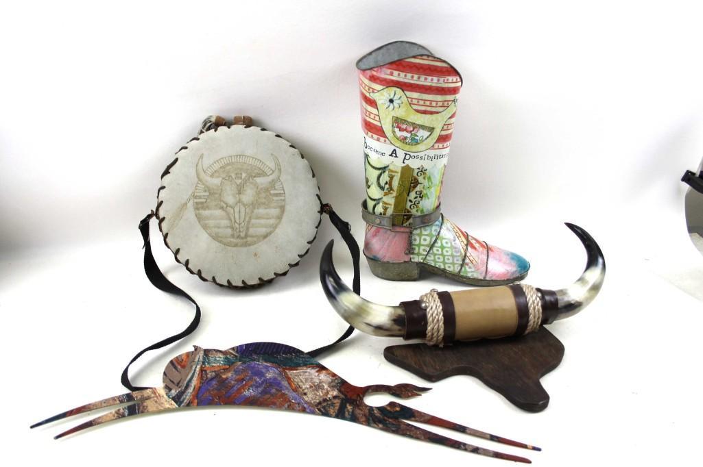 Southwest Lot Small Bull Horns, Cowboy Boot, Canteen, (1 of 7)