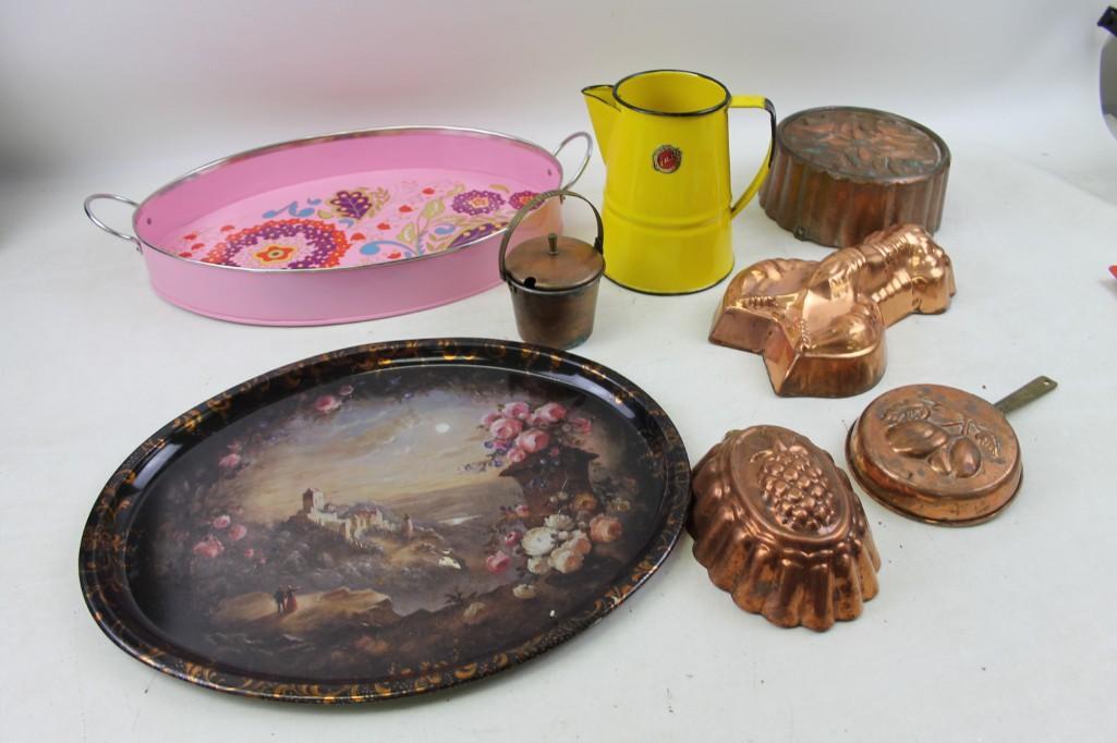 Kitchen Lot including Yellow Enamelware Pitcher, Copper (1 of 8)