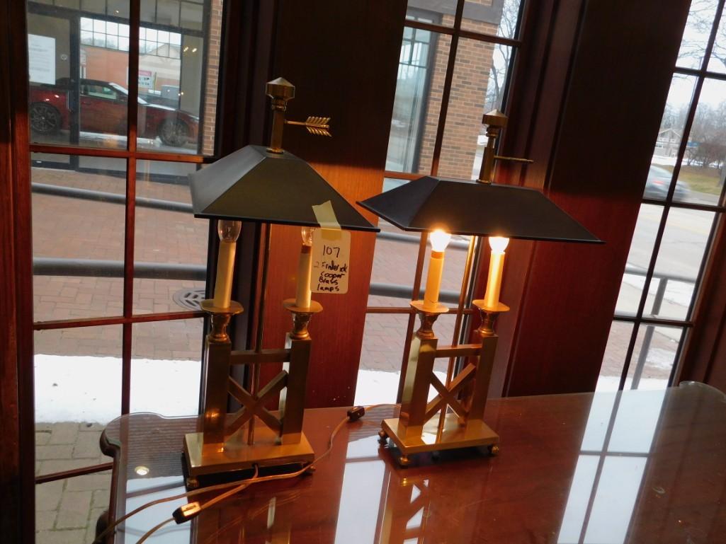 2 Frederick Cooper Lamps: Pair of Frederick Cooper Brass Lamps with Shades 22" Condition: One works and one doesn't (It may just need bulbs, we don't know). One has a crack in the plastic "candlestick" part. 