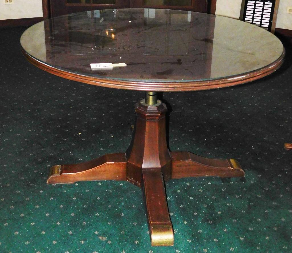 Round Wooden Table w Adjustable Base: Adjustable Round Wooden Table 43" Because of the current covid 19 situation, pick up times are by appointment only. Pick up for this auction will be Feb 27 and 28 during the auction or Monday, March 1