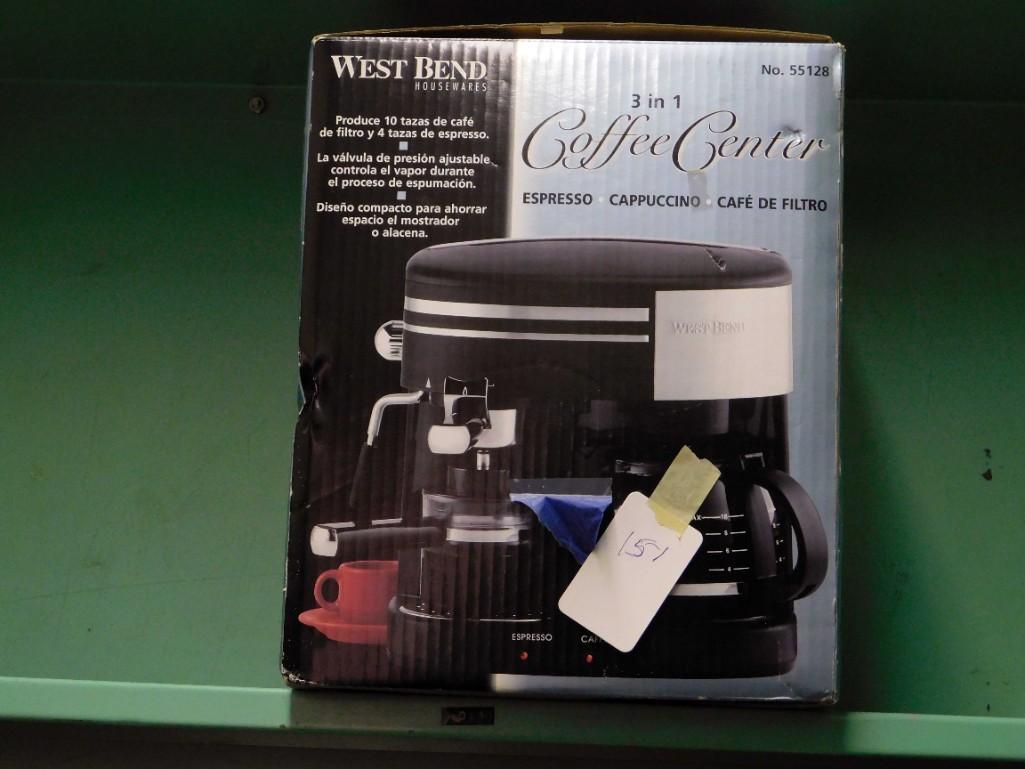 West Bend Coffee Center: West Bend Coffee Center New 3 in 1 Espresso Cappuccino Coffee Because of the current covid 19 situation, pick up times are by appointment only. Pick up for this auction will be Feb 27 and 28 during th