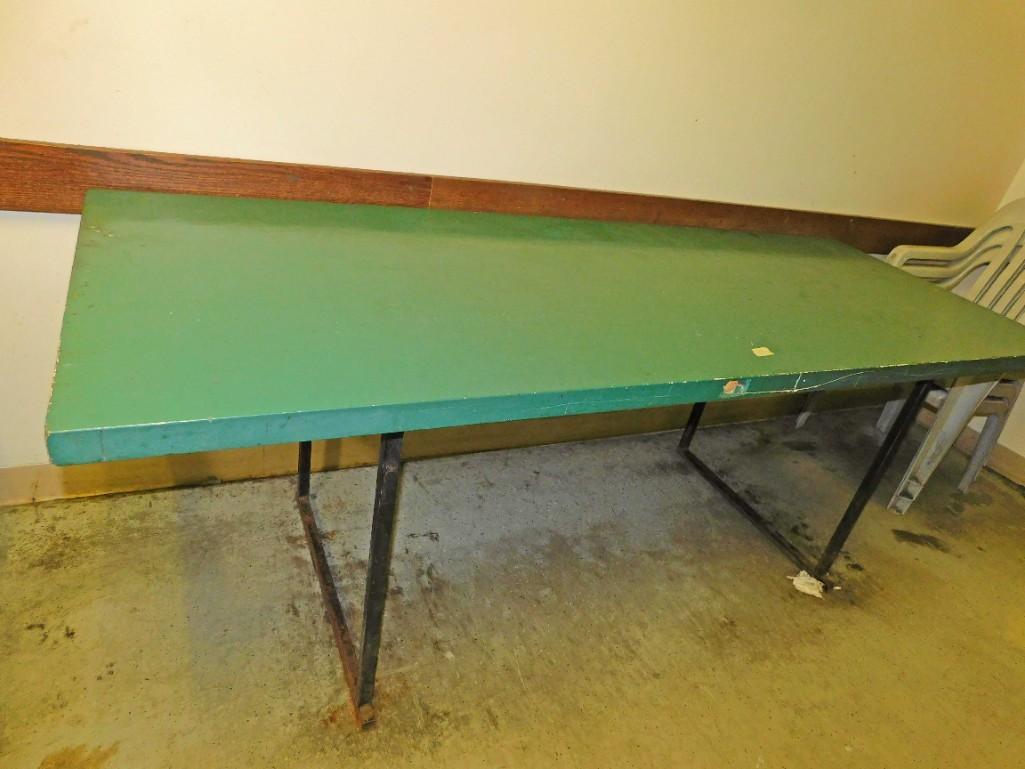 Vintage Metal Wood Work Table: Vintage Metal Wood Work Table 7'x32" Because of the current covid 19 situation, pick up times are by appointment only. Pick up for this auction will be Feb 27 and 28 during the auction or Monday, Marc