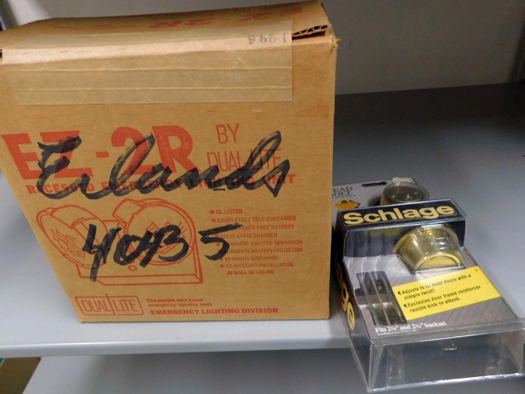 EZ 24 Emergency Light New Schlage Deadbolt: EZ 24 Emergency Light New Schlage Deadbolt Lock Because of the current covid 19 situation, pick up times are by appointment only. Pick up for this auction will be Feb 27 and 28 during the auction or M