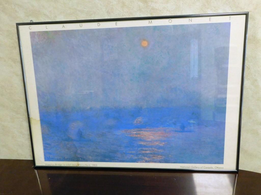 Claude Monet Poster Print: Framed Claude Monet Poster Print Condition: Water damaged Because of the current covid 19 situation, pick up times are by appointment only. Pick up for this auction will be Feb 27 and 28 during