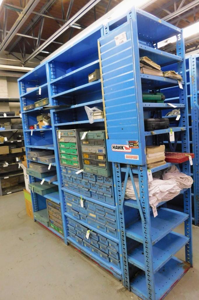 3 Large Metal Shelving Units With Endcaps: 3 Large Blue Metal Shelving Units with Endcaps . Does NOT include the contents. They will be sold separately. Tool boxes/drawers NOT included. Because of the current covid 19 situati