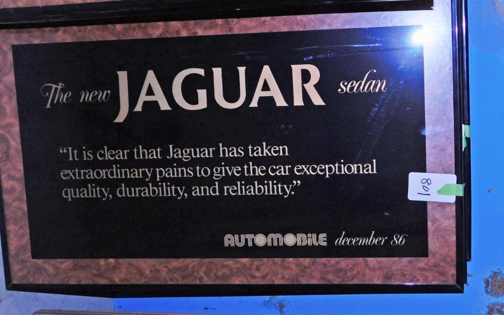 Vintage Jaguar "The New Jaguar Sedan" Advertising: Vintage Jaguar "The New Jaguar Sedan" Dealership Advertising Wall Plaque " It is clear that Jaguar has taken extraordinary pains to give the car exceptional quality, durability, and reliability " 1986