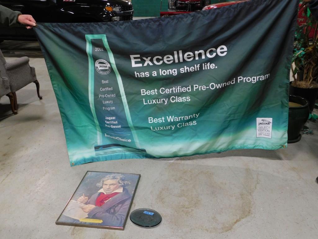 Misc Lot incl Vintage Fiat Ashtray: Misc Lot incl Vintage Fiat Ashtray , Jaguar Banner , Framed Print of Beethoven. Because of the current covid 19 situation, pick up times are by appointment only. Pick up for this auction will be Feb 2