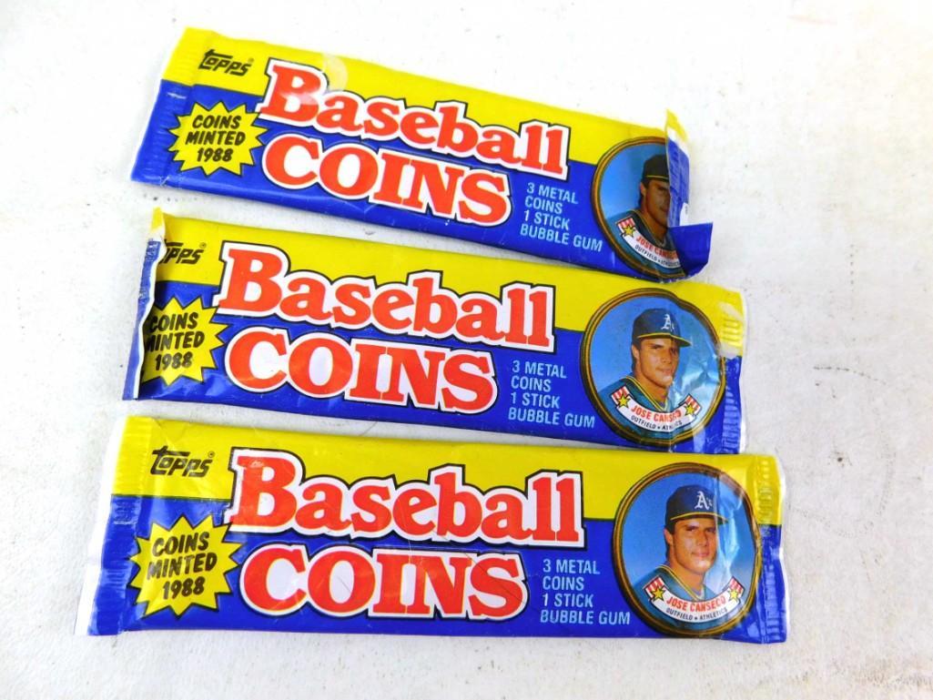 Lot of 3 Topps Baseball Coins NOS: Lot of 3 Topps Baseball Coins New Old Stock. Each unopened package has 3 metal Coins and a stick of gum (I don't recommend eating the gum). From 1988. Jose Canseco